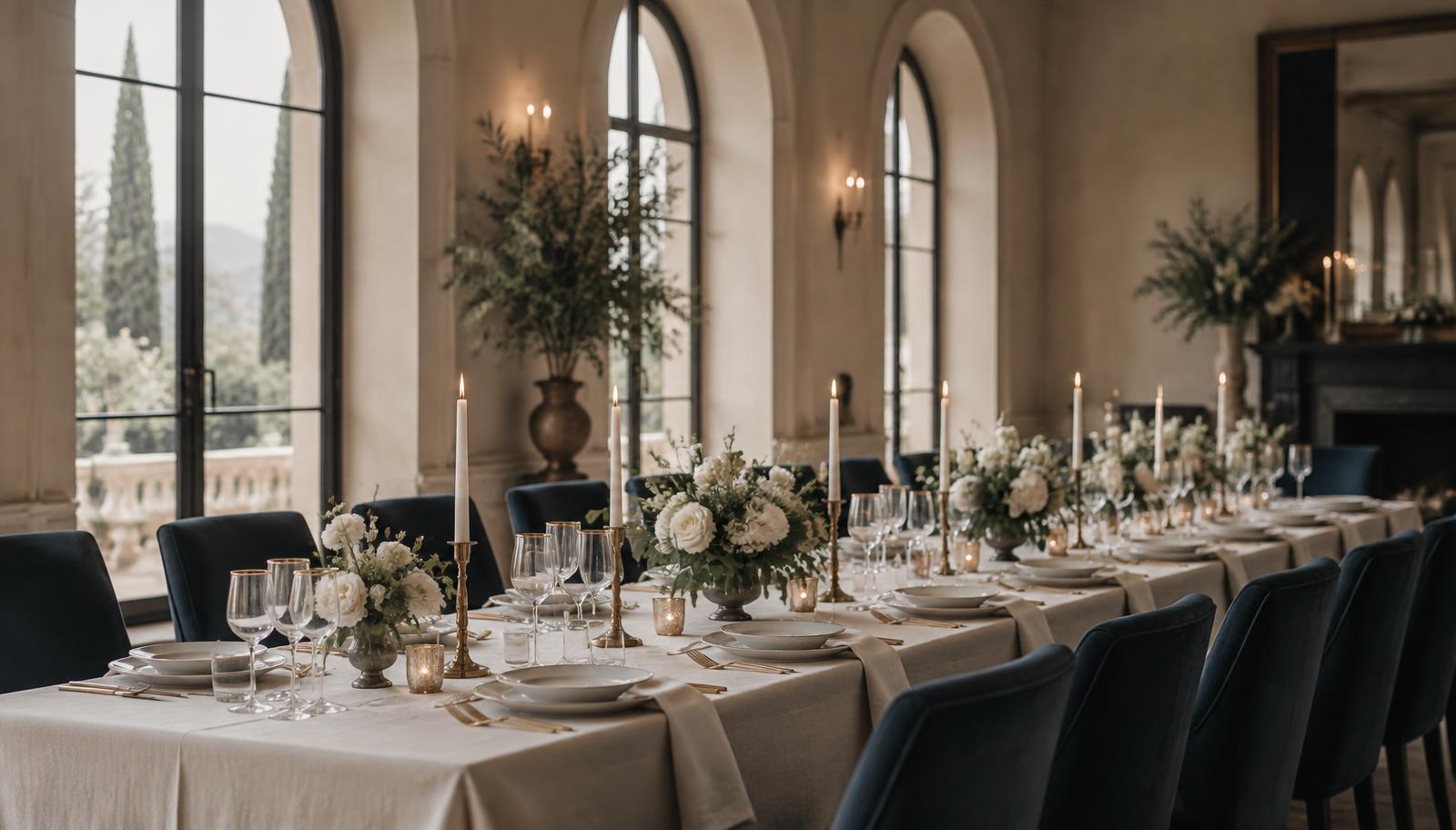 A long banquet table dressed in white linen with candles and soft white florals in a light-filled wedding venue hall